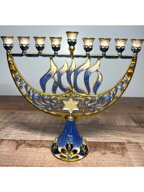 Matashi Hand Painted Enamel Menorah Candelabra with Flower and Hanukkah Design